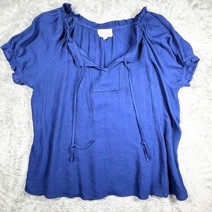 Flower & Feather Womens 2XL Blue Boho Peasant Blouse Short Sleeve Tie Neck